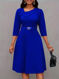 Women Neckline Dress with Belt 3/4 Sleeve