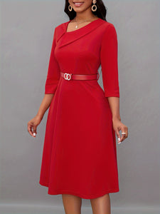 Women Neckline Dress with Belt 3/4 Sleeve