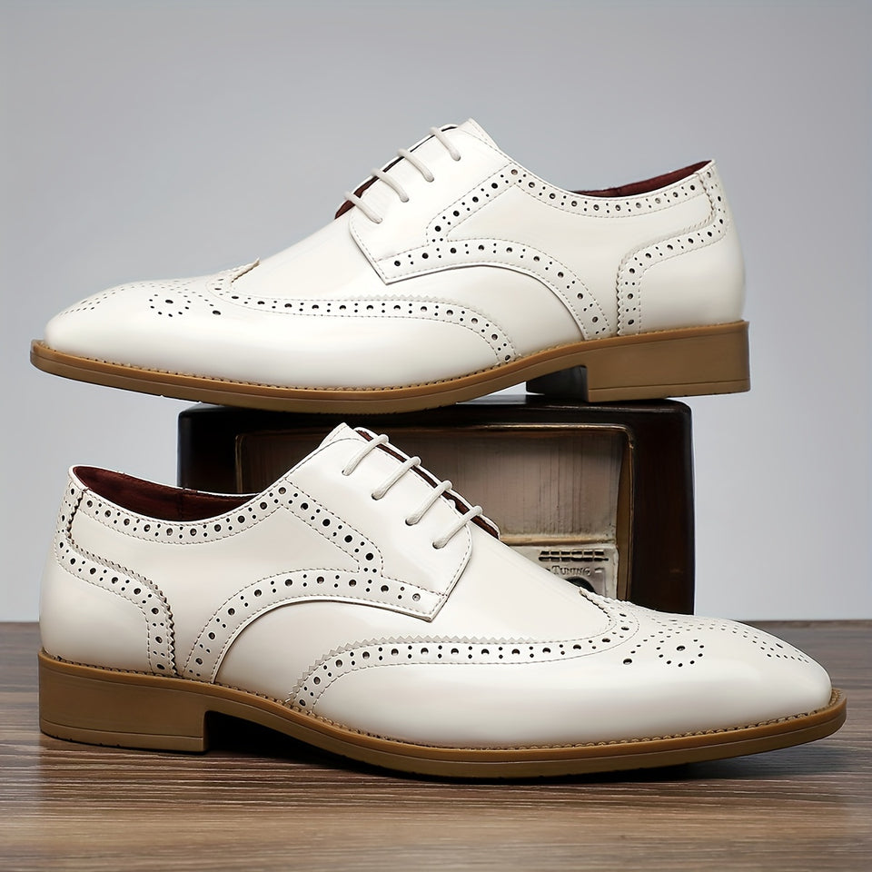 Men'S Classic Brogue Oxfords, Casual Business Style, Solid Color, All-Season, Low Top, PU Upper & Lining, Rubber Sole, with Slip-On for Daily Wear