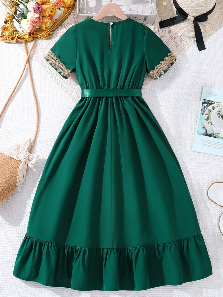 Ramadan Elegant Splicing V-Neck Short Sleeve Belted Dress for Girls - Casual Summer Party Gift, Abaya for Eid Al Adha, Gargee'an - Elegant, Modest, Comfortable, and Stylish Design for Ramadan Celebrations