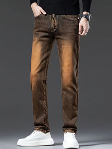 Men's Slim Fit Stretch Denim Jeans - Dark Brown, All-Season Wear, Cotton Blend, Machine Washable, Classic Design with Pockets, Versatile for Casual or Formal Occasions