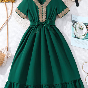 Ramadan Elegant Splicing V-Neck Short Sleeve Belted Dress for Girls - Casual Summer Party Gift, Abaya for Eid Al Adha, Gargee'an - Elegant, Modest, Comfortable, and Stylish Design for Ramadan Celebrations