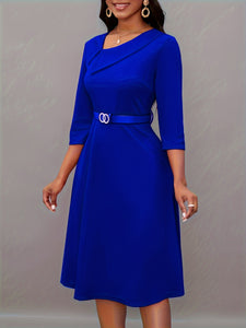 Women Neckline Dress with Belt 3/4 Sleeve