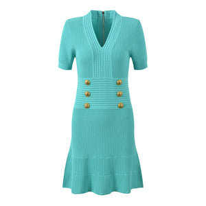 Metal Buckle V-neck Knitted Dress