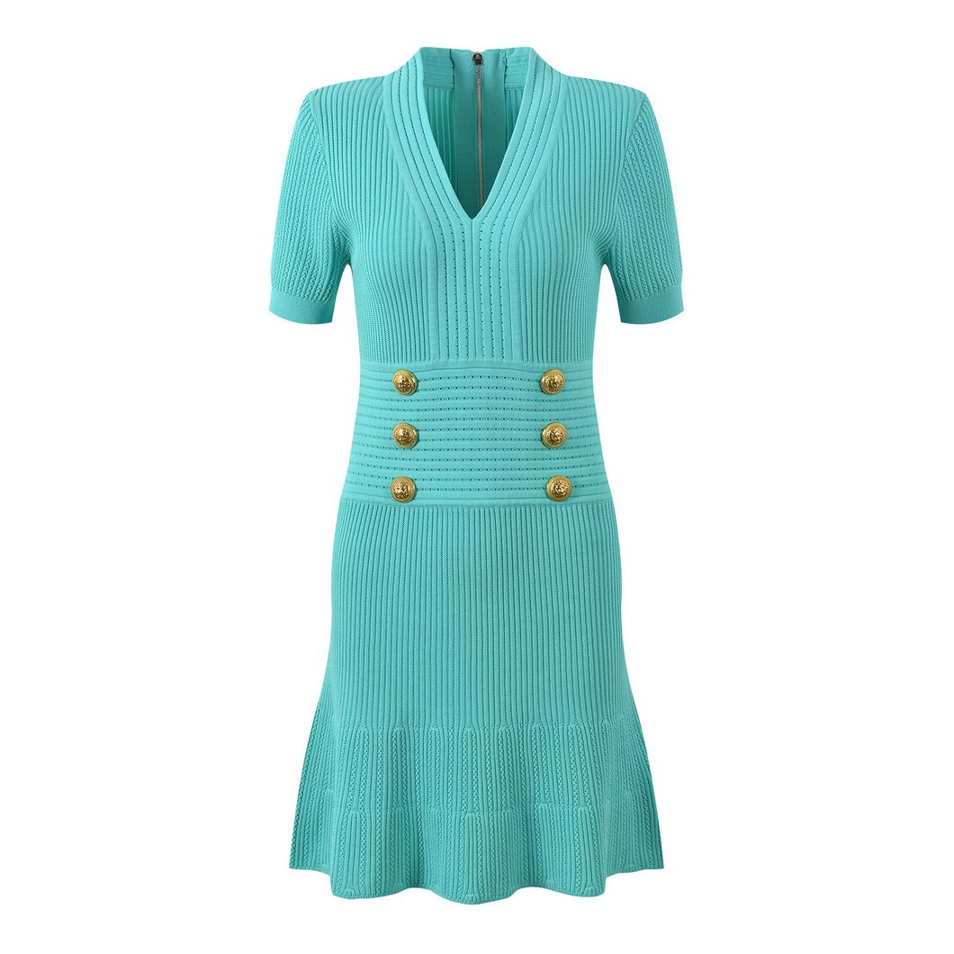 Metal Buckle V-neck Knitted Dress