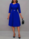 Women Neckline Dress with Belt 3/4 Sleeve