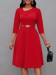 Women Neckline Dress with Belt 3/4 Sleeve