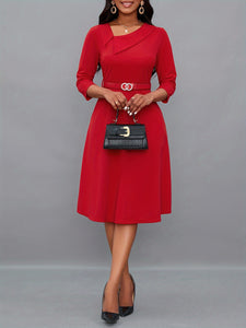 Women Neckline Dress with Belt 3/4 Sleeve