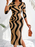 Print V-Neck Ruched Bodycon Dress with 3/4 Sleeves - Machine Washable, Polyester & Elastane Blend