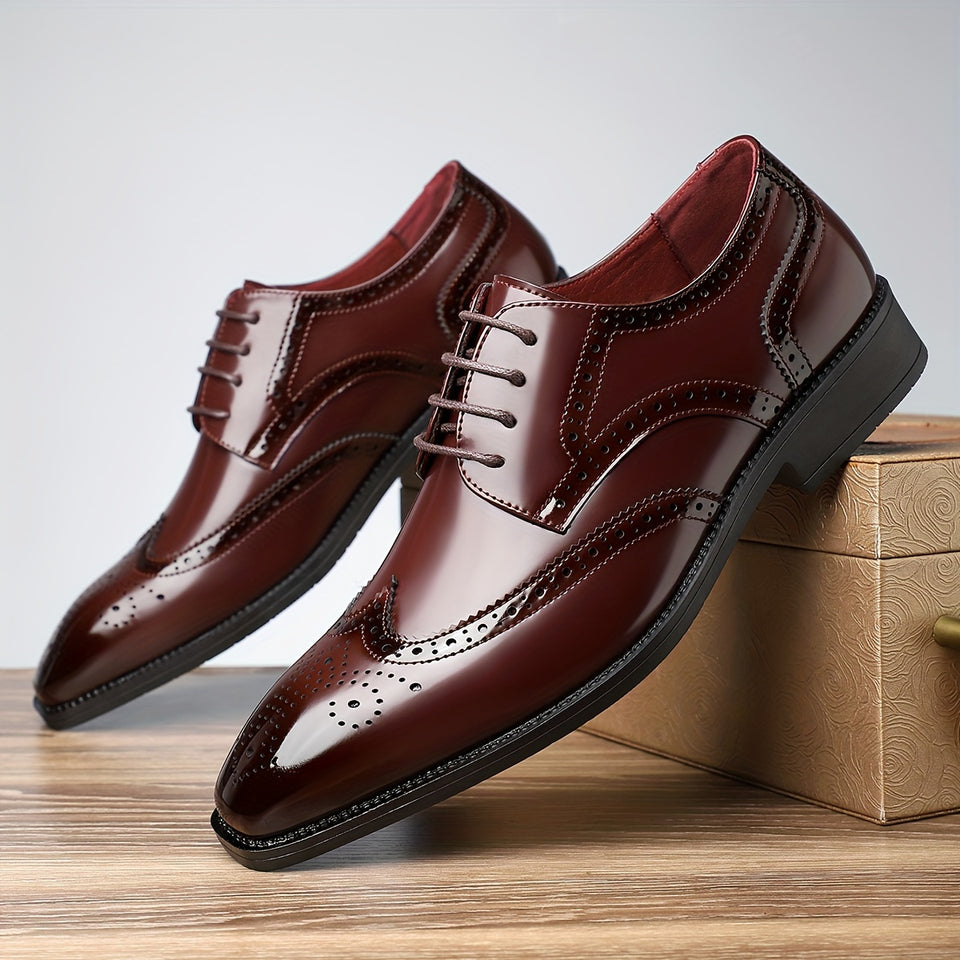 Men'S Classic Brogue Oxfords, Casual Business Style, Solid Color, All-Season, Low Top, PU Upper & Lining, Rubber Sole, with Slip-On for Daily Wear