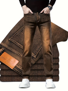 Men's Slim Fit Stretch Denim Jeans - Dark Brown, All-Season Wear, Cotton Blend, Machine Washable, Classic Design with Pockets, Versatile for Casual or Formal Occasions