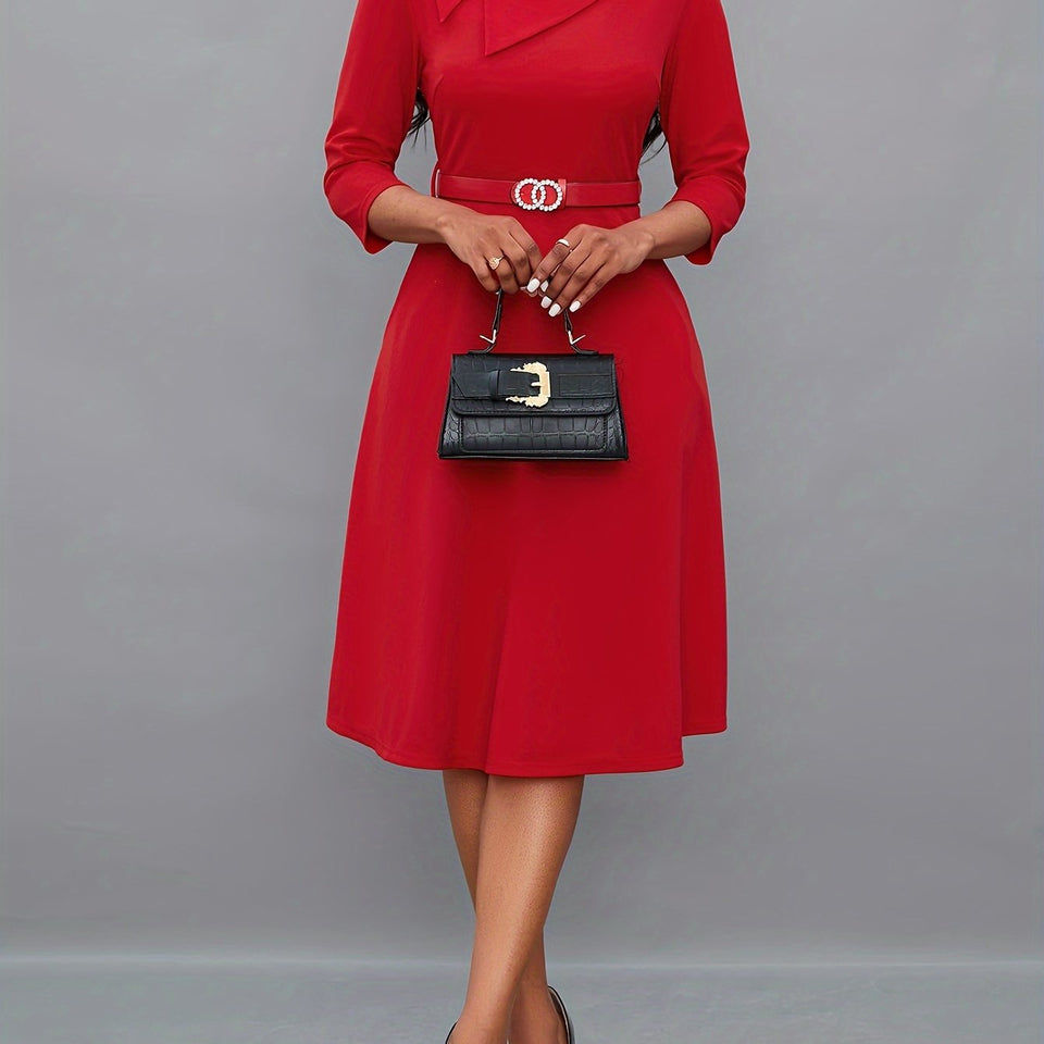 Women Neckline Dress with Belt 3/4 Sleeve