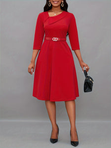 Women Neckline Dress with Belt 3/4 Sleeve