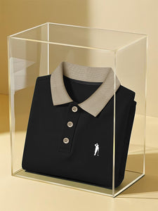 Men's Black Shirt with Khaki Collar - Summer Casual Golf & Running Short Sleeve, Button-Up Design, Lightweight Polyester Fabric, Perfect for Sports & Leisure