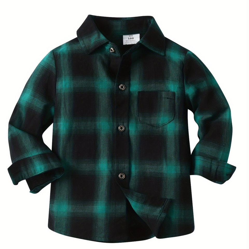 Boys' Classic Green Plaid Long Sleeve Shirt